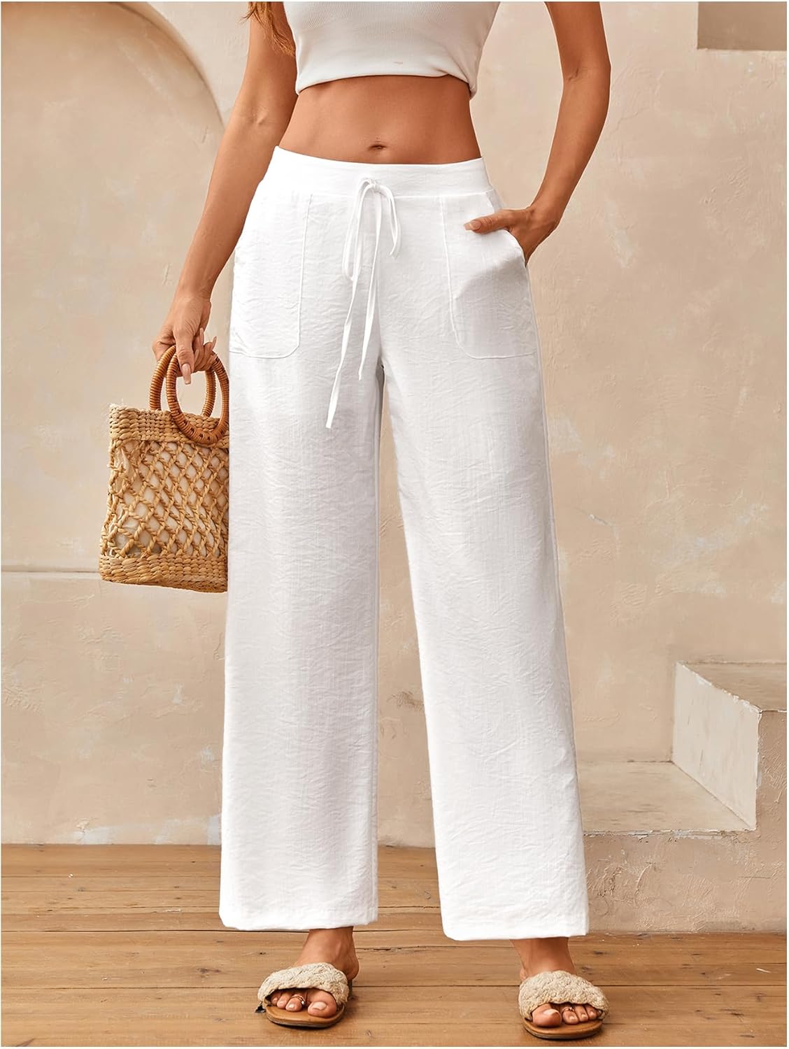 SOLY HUX Women's Tie Front Elastic Waist Pants Wide Leg Low Rise Casual Trousers with Pockets - Image 3
