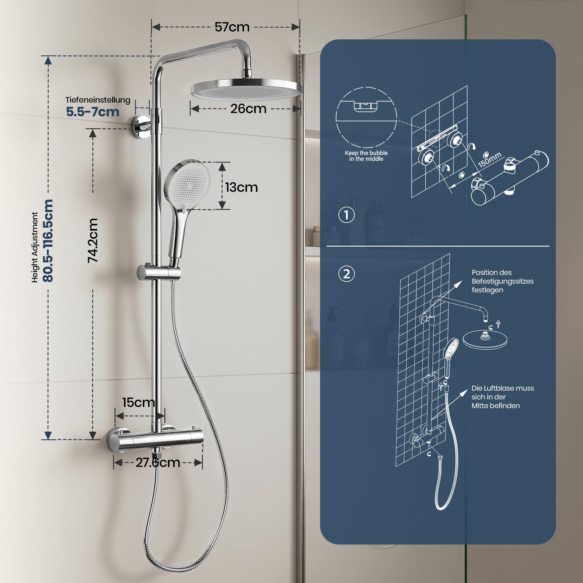 Duschsystem mit Thermostat Chrom, Duscharmatur Komplettset mit 3 Strahlarten Handbrause & 26cm Rund Kopfbrause, Höhenverstellbarer Duschstange, 150cm Schlauch, Regendusche mit Armatur