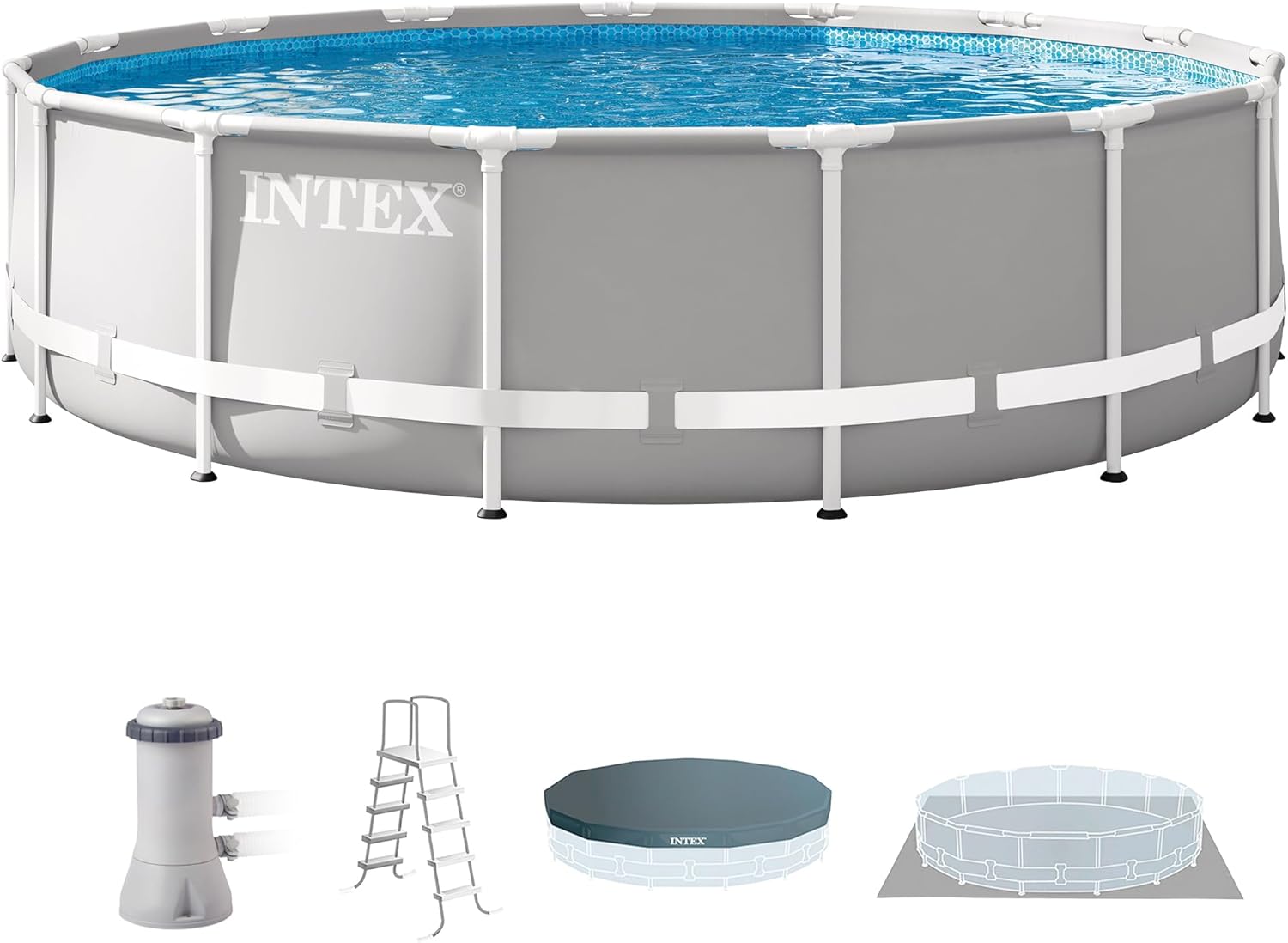 Intex 26723EH Prism Frame Premium Above Ground Swimming Pool Set: 15ft x 42in – Includes 1000 GPH Cartridge Filter Pump – Removable Ladder – Pool Cover – Ground Cloth