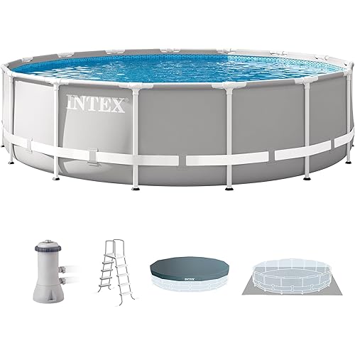 Intex 26723EH Prism Frame Premium Above Ground Swimming Pool Set: 15ft x 42in – Includes 1000 GPH Cartridge Filter Pump – Removable Ladder – Pool Cover – Ground Cloth