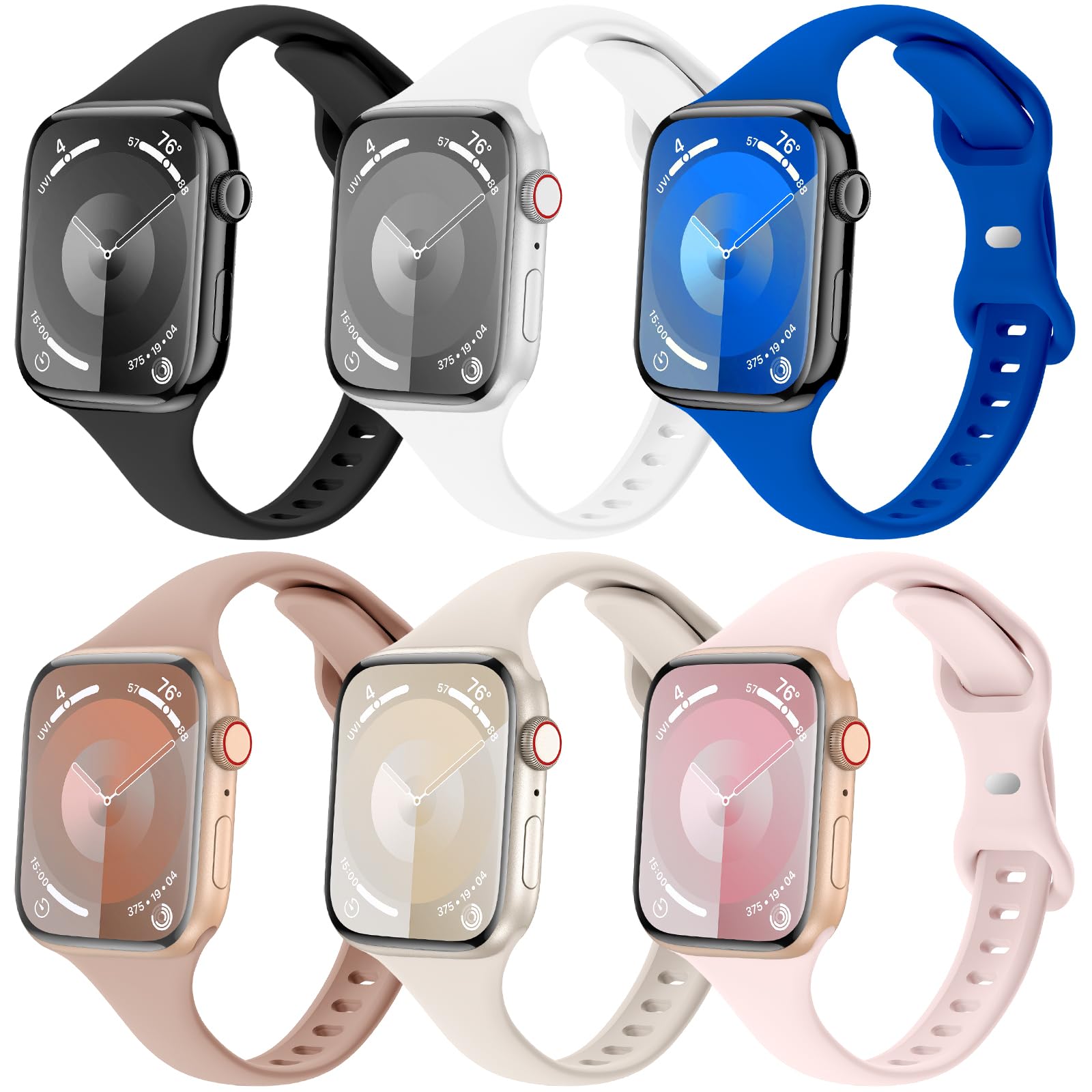 6 Pack Slim Thin Bands Compatible with Apple Watch 38mm 40mm 41mm 42mm 44mm 45mm 46mm 49mm Women Men, Replacement Soft Silicone Sport Strap Wristbands