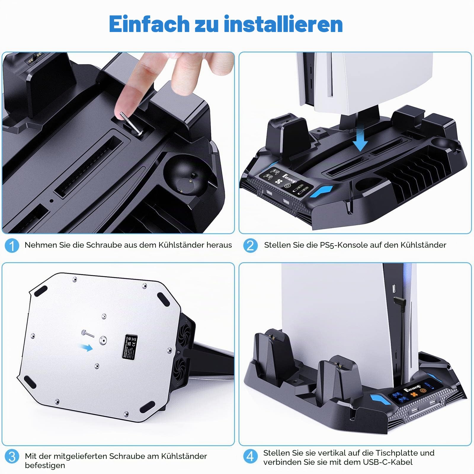 Benazcap PS5 Standfuß mit Lüfter, PS5 Zubehör für PlayStation 5 Konsole mit Dual Controller Ladestation, PS5 Ständer mit Headset Halterung und 8 Spiele Slots - Schwarz