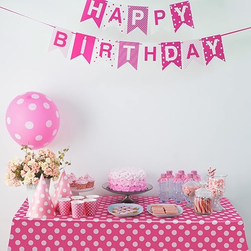 Miniatura 4 de Mantel rectangular de plástico con diseño de lunares, color rosa y blanco, 3 piezas, 54 x 108 pulgadas, para decoración de cumpleaños y fiestas