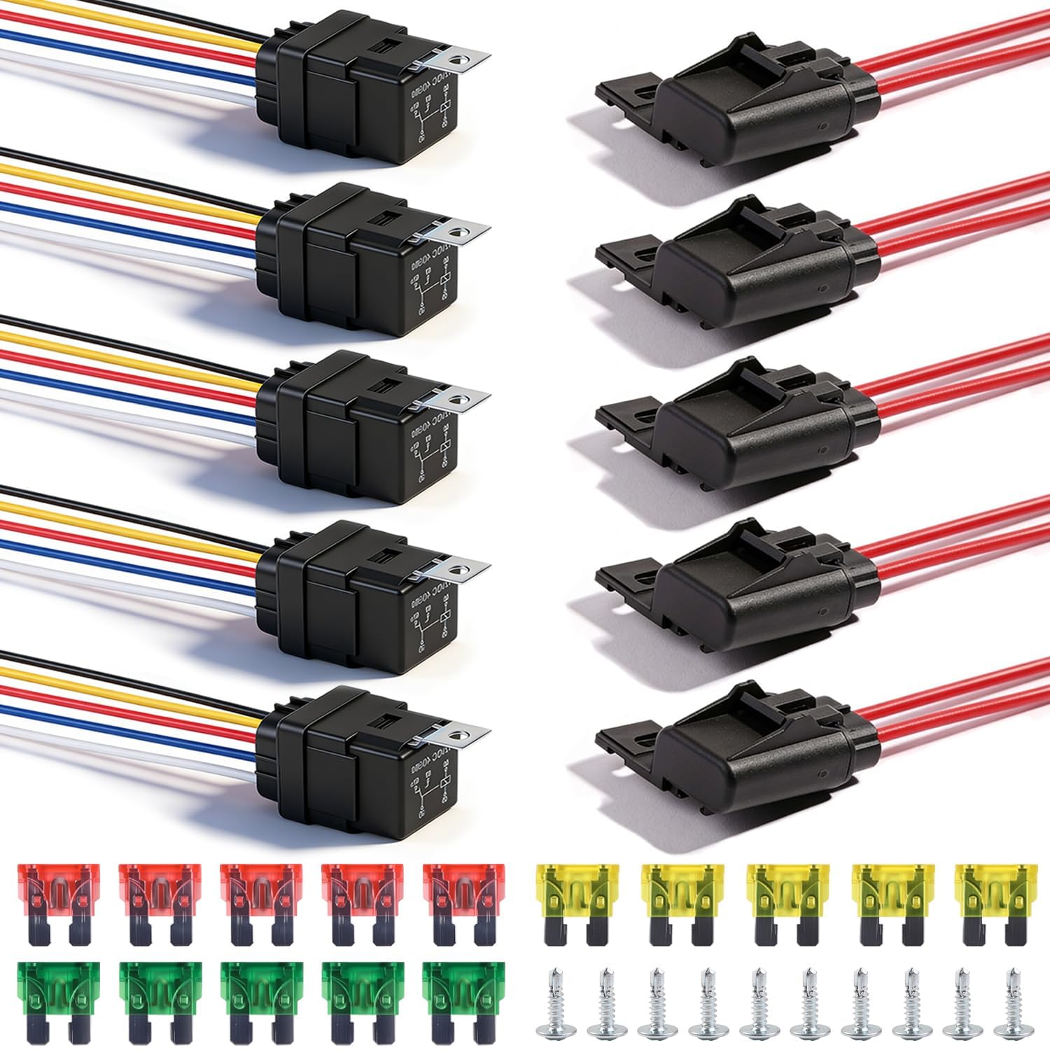 Set relè impermeabile, 12 V, 30/40 A, SPDT a 5 poli, 5 relè | Cablaggio portafusibili 20A/30A/40A, set di cavi per auto, camion, barca, camper, moto, quad