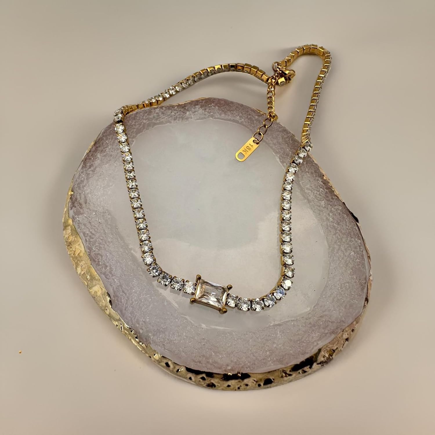 18K Yellow Gold-Plated Emerald-Cut Cubic Zirconia Diamond Tennis Chain Choker Necklace for Women, 16" – Non-Tarnish, Hypoallergenic, Gift Jewelry