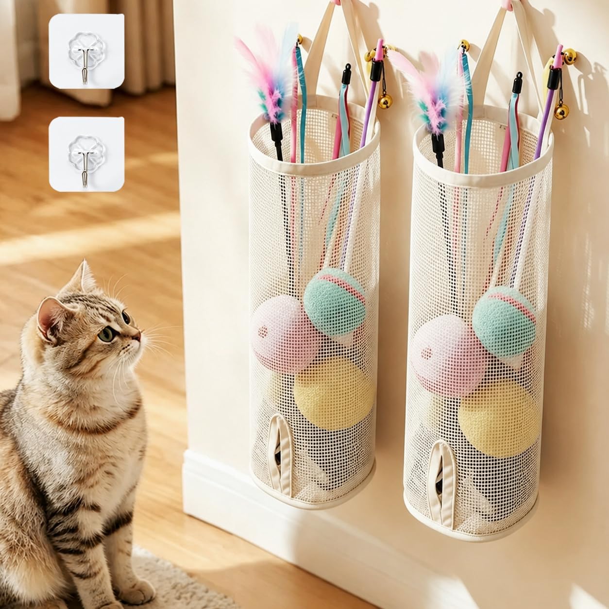2 Pcs 15.16" Height Cat Wand Toy Organizer Storage Holder Bag, Not Suitable for Small Toys (w/ an Opening in the Bottom), Kitten Stick Toy Mesh for Cat Feather Toys Wall Hanging with Adhesive Hooks