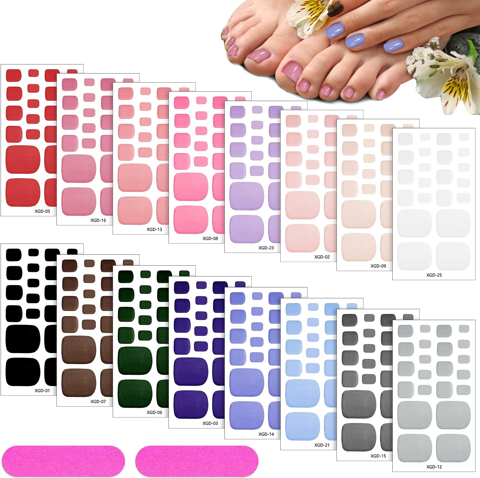 352 Pieces 16 Sheets Toenail Polish Stickers Strips Adhesive Toe Nail Wraps Full Wraps Polish Strips DIY Manicure Decal with 2 Pieces Nail Files(Chic Color)