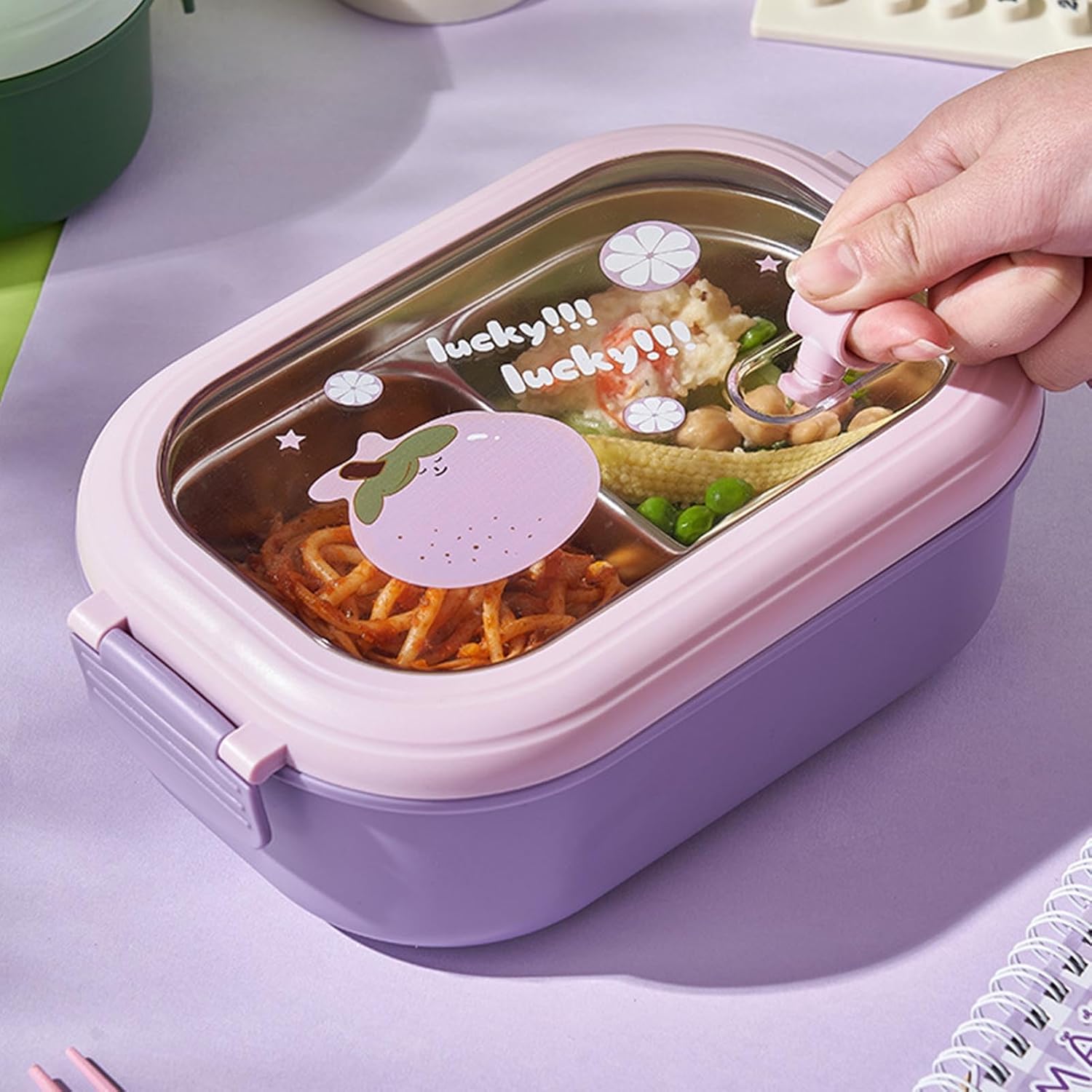 AUNMAS Stainless Steel Lunch Box, 2 Compartment Metal Lunch Containers Leak Proof Insulated Food Containers with Removable Dividers for Office Workers(Violet) - Image 5
