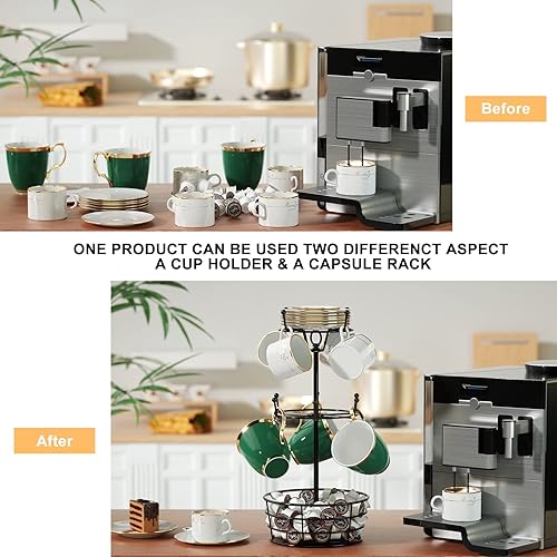 Vista 7 de Soporte giratorio para tazas de café de 360, soporte de metal de 3 niveles para taza de árbol para encimera con 10 ganchos, soporte para cápsulas