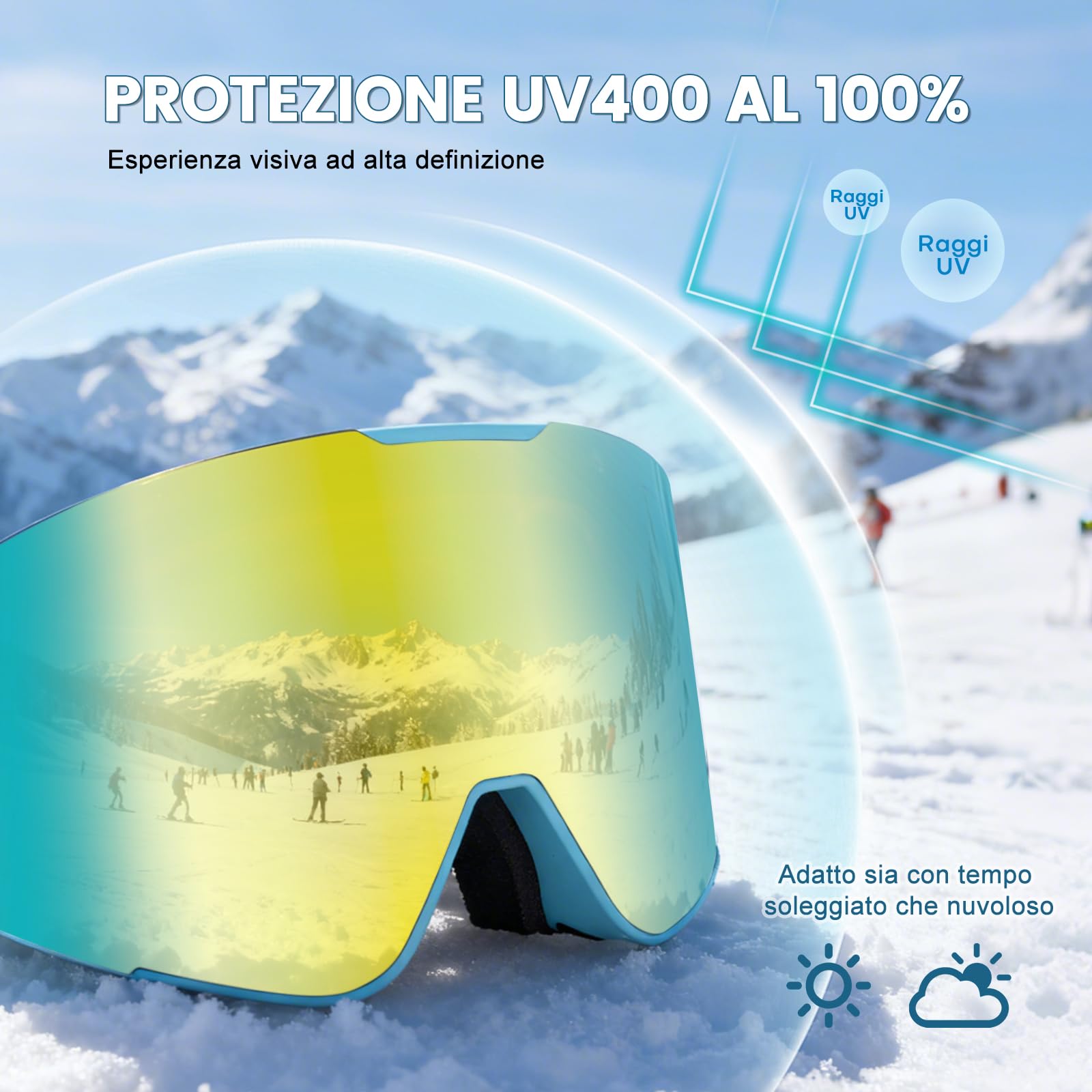 Hikeen Occhiali da Sci Fotocromatici, Effetto Iridescente, Antiappannamento con Protezione UV, con Rivestimento a 3 Strati per Sci e Snowboard, con Custodia, Unisex