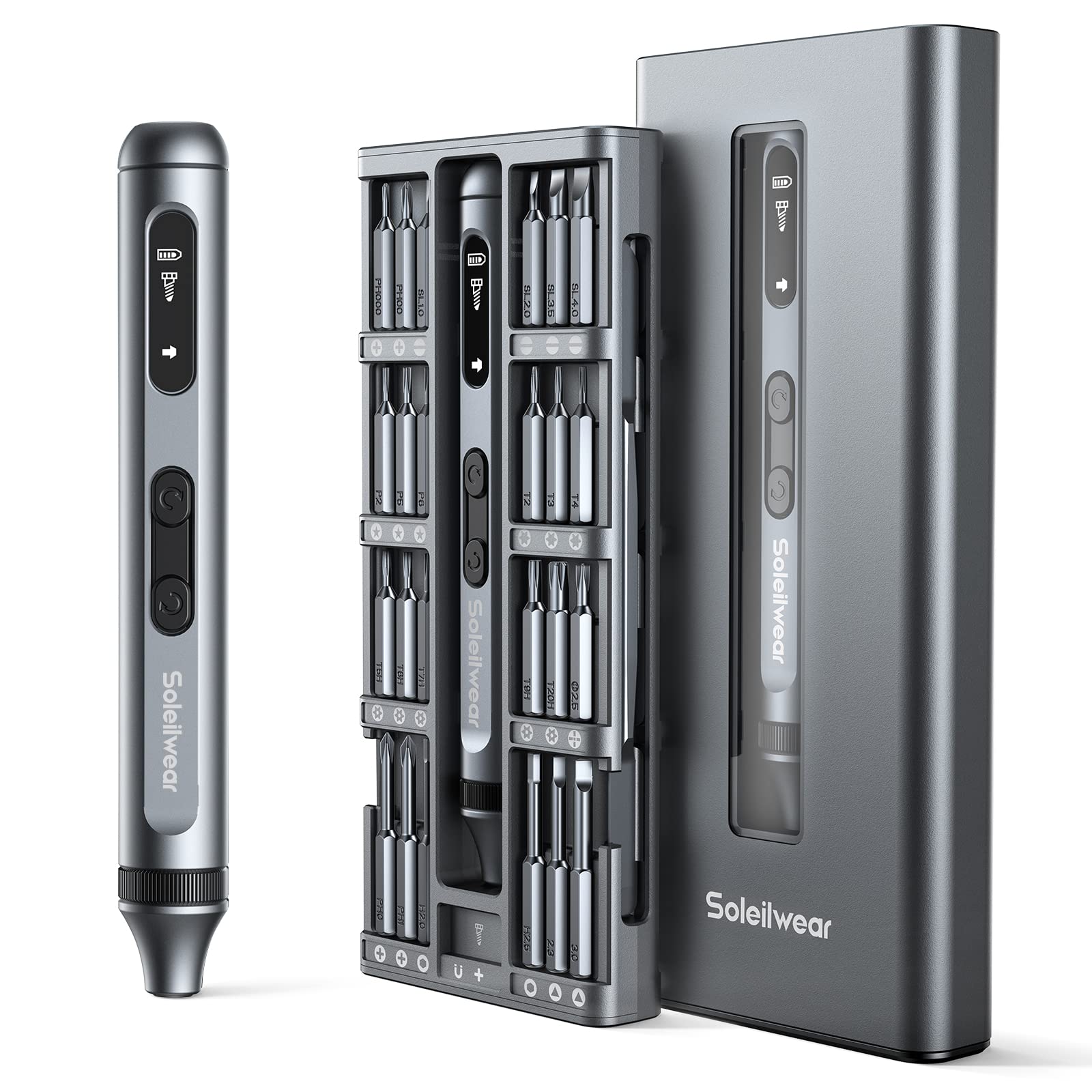 The Soleilwear Mini Electric Screwdriver and its case next to a smartphone, illustrating its compact size and portability.