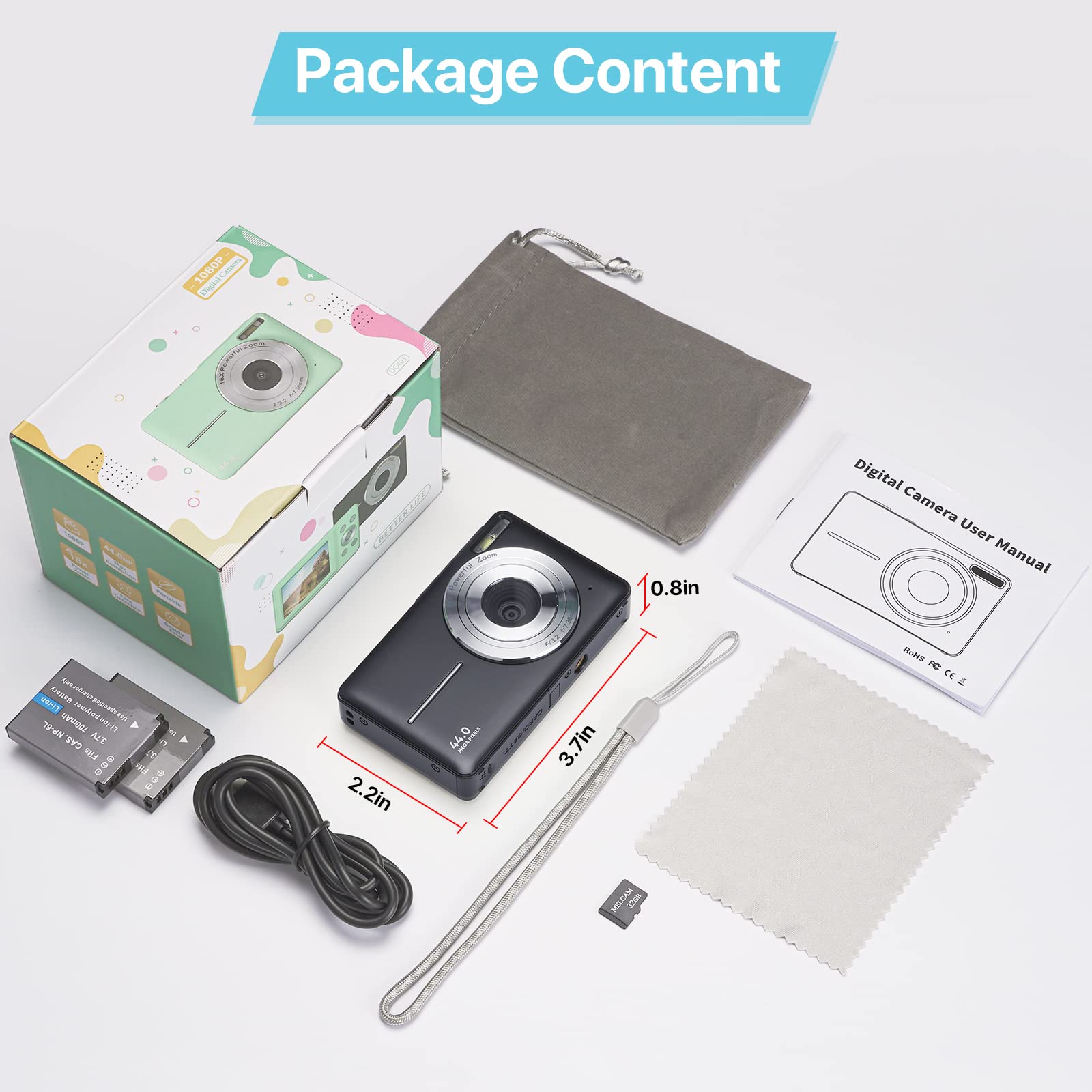 Macchina Fotografica Digitale con Scheda da 32GB, 1080P Fotocamera Compatta 44MP con Zoom Digitale 16X e 2 Batterie per Ragazzi, Adolescenti e Principianti-Nero
