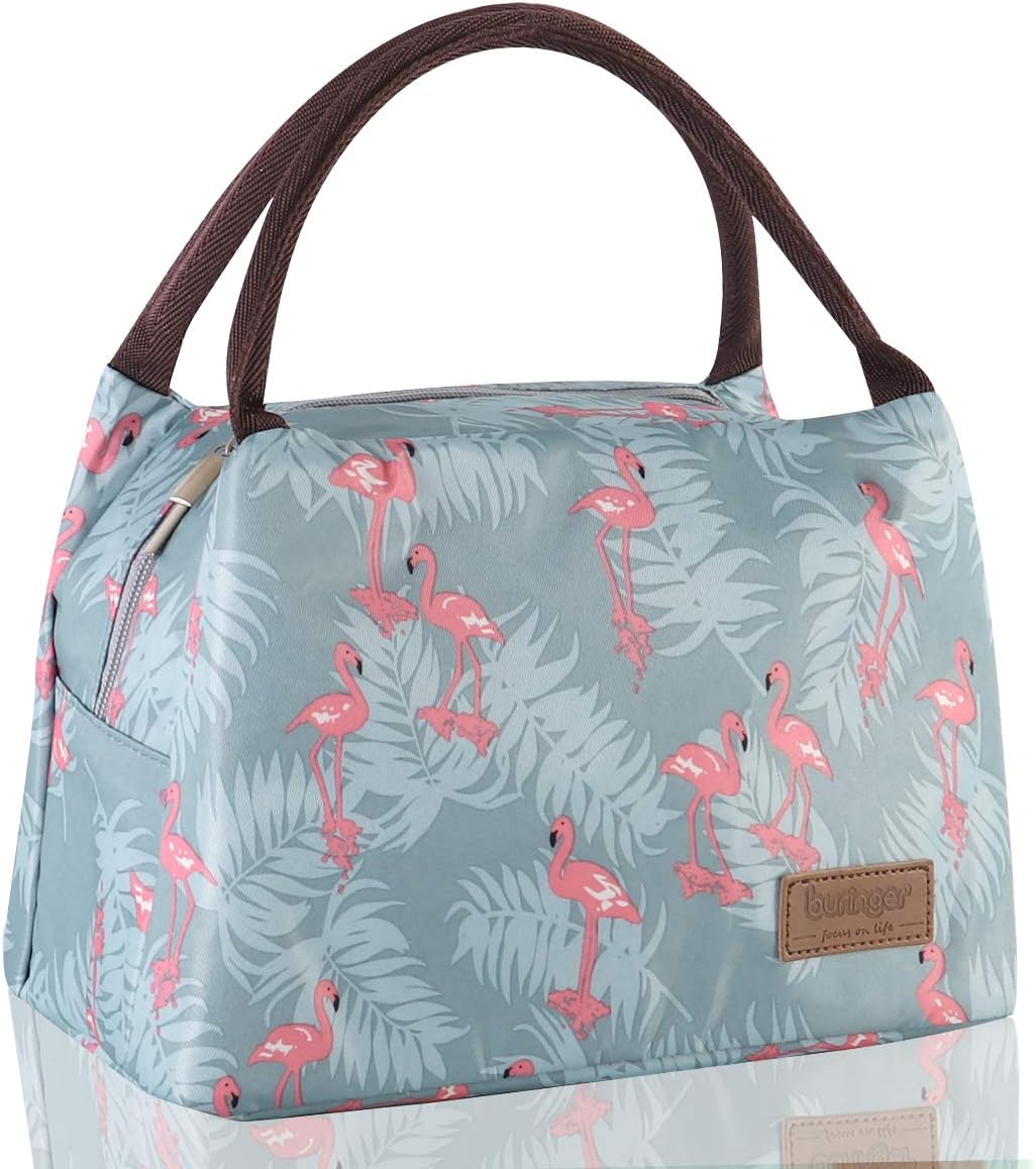 Buringer Reusable Insulated Lunch Bag Cooler Tote Box Meal Prep for Men & Women Work Picnic or Travel （Blue Flamingos）