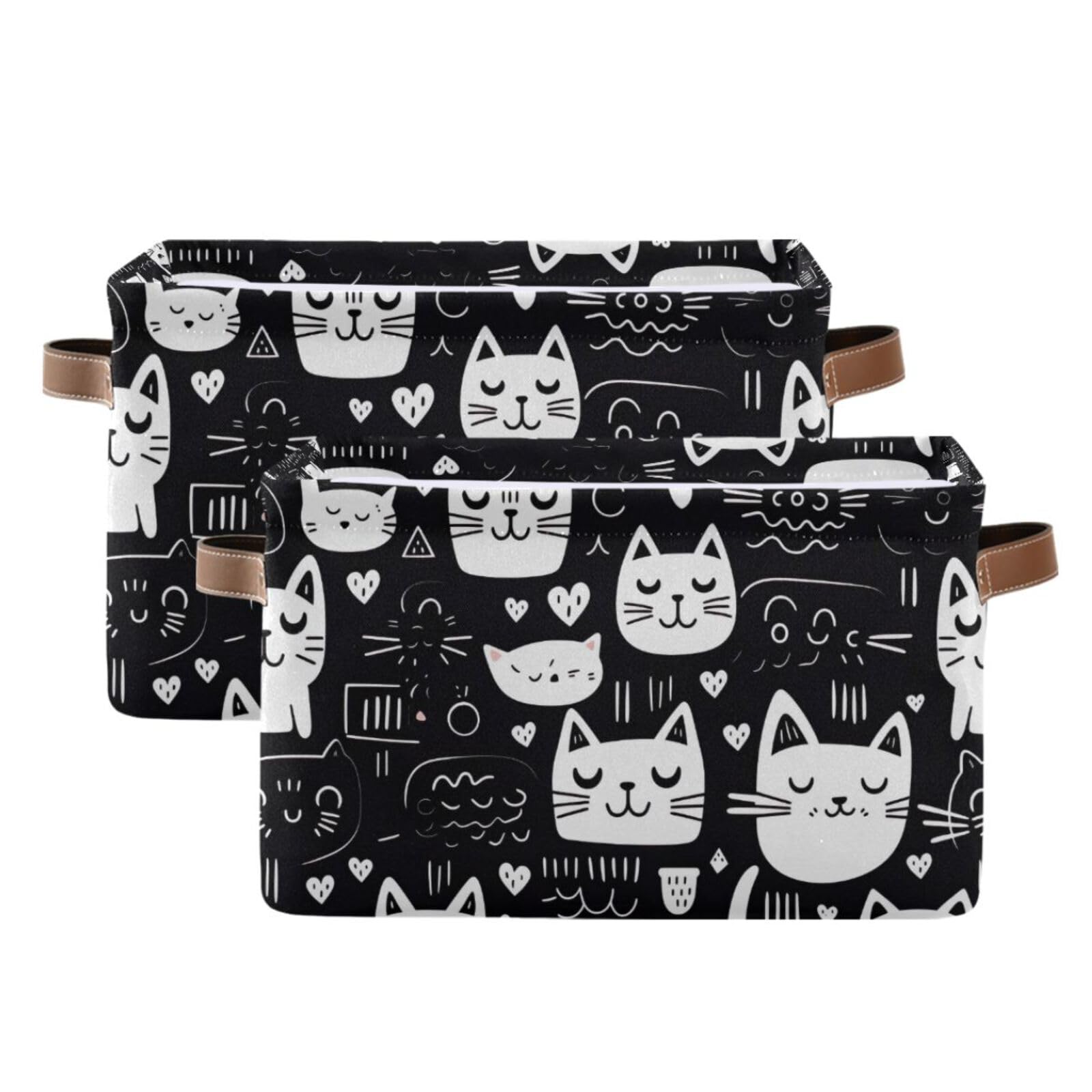 PaChyLuu White Black Cats Storage Basket Bin Canvas Fabric Organizer Toys Basket with Handles for Home Office Nursery, Clothes, Gifts, 2 Pcs