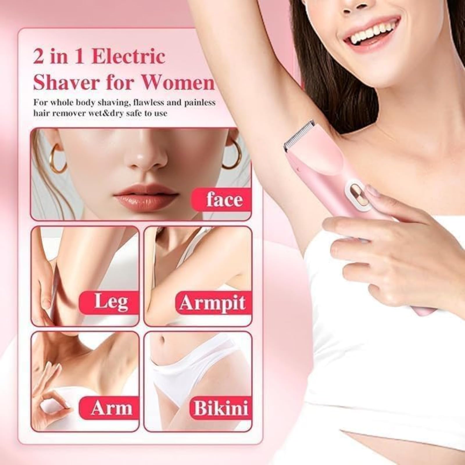 Rasoir Klyne Femme, Tondeuse 2 en 1 Femmes, Rasoir Femmes Electrique Maillot,Zone Sensible, Pour Bikini, Jambes, Aisselles utilisation humide et sèche (Rose)
