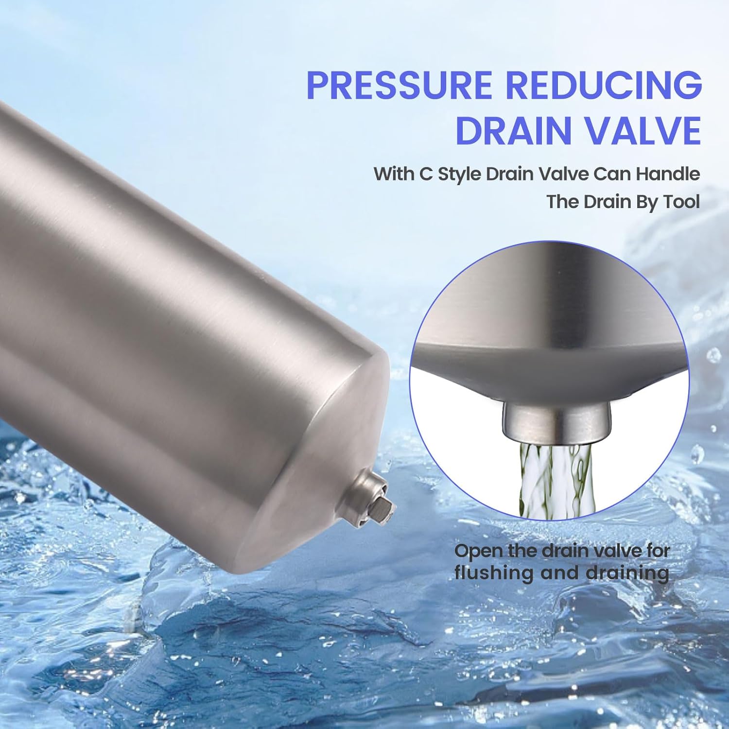 Amwater NSF/ANSI 42 Stainless Steel Whole House Water Filter Housing, 10" x 2.5" Sediment Water Filter System for Heavy Duty, Well & City Water, 1/2" NPT Port, Drain Valve Style C(Square Head)