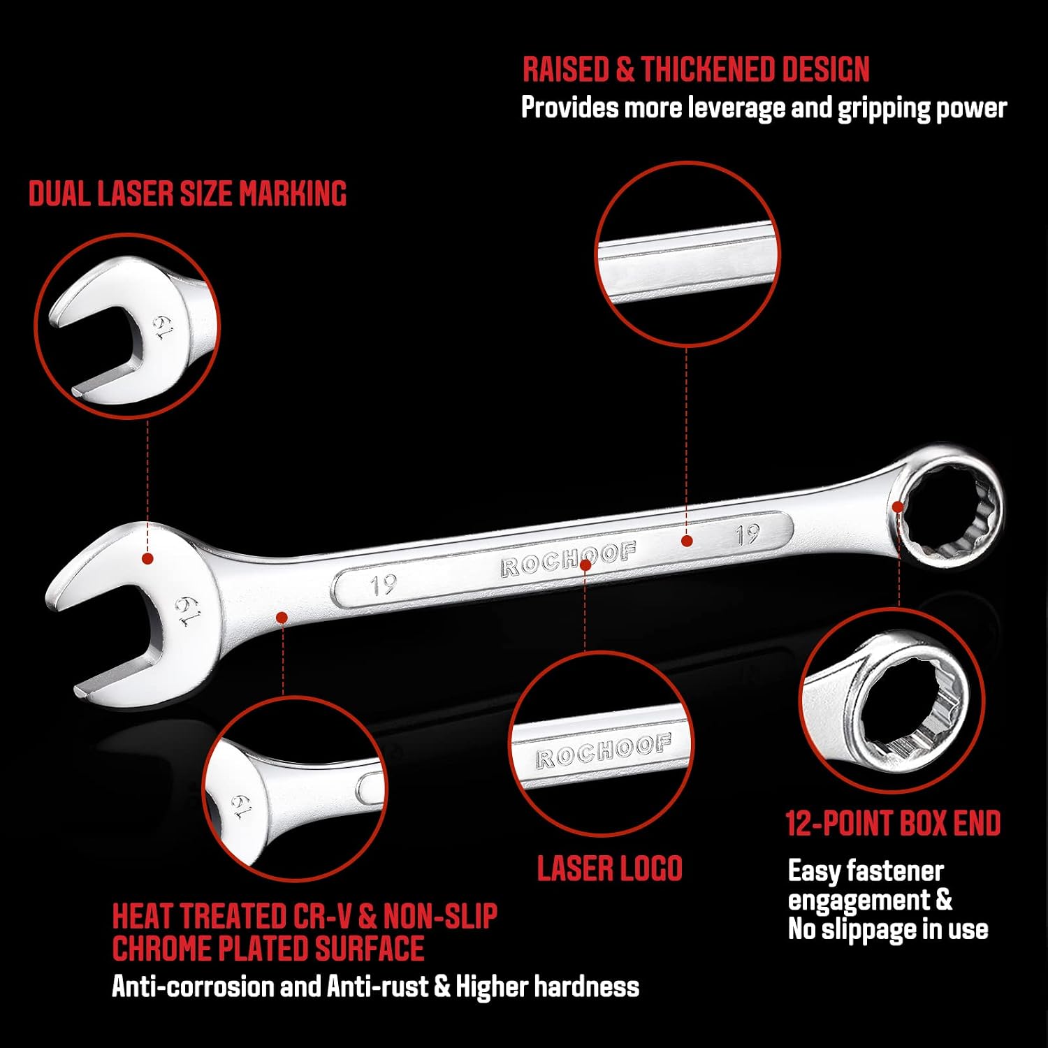 Combination Wrench Set Metric,10-Piece 6-19mm Combination Wrenches 12-Point Chrome Vanadium Steel Wrench Set with Rolling Pouch