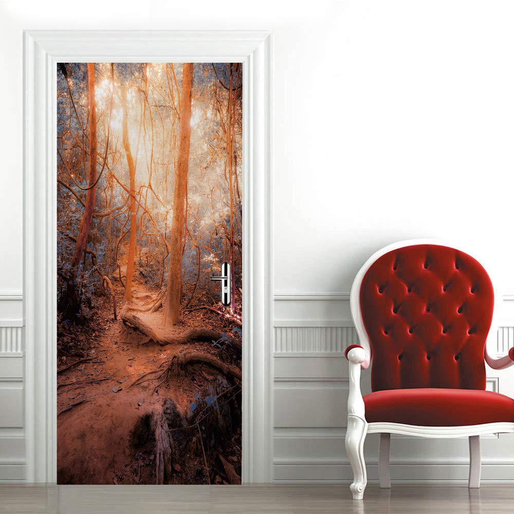 Stickers muraux porte trompe l'oeil 3D vinyle déco 73x205 cm forêt