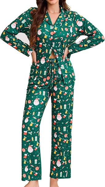 difficort Womens Christmas Pajamas Button Down Sleepwear Set with Pockets