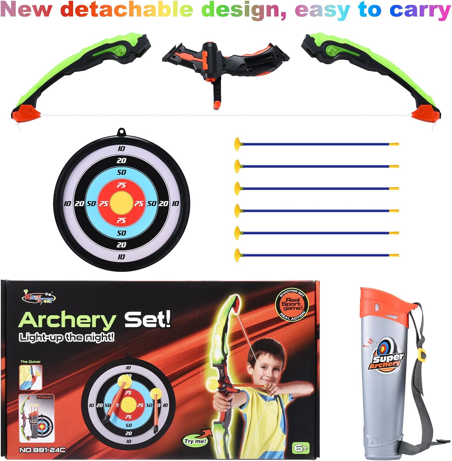 HELLO PAPAYA 2Sets Bow and Arrows for Kids Archery Sets for Kids with LED Flash Lights,2Bow 12Suction Cups Arrows 2 Target,Quiver,3-12Years Boys and Girls Hunting Toys (Blue Bow and Arrow Set)