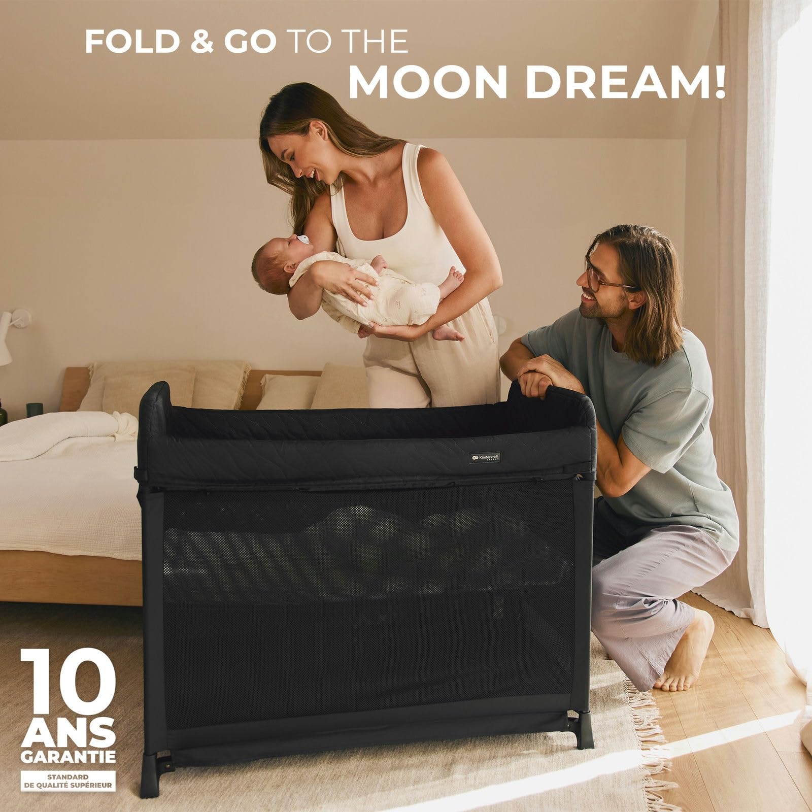 KINDERKRAFT Moon Dream, Lit de Voyage de la Naissance jusqu'à 3 Ans, lit superposé pour bébé, se Plie Rapidement d'une Seule Main, Matelas et Sac de Transport Inclus, Nettoyage Facile, Noir