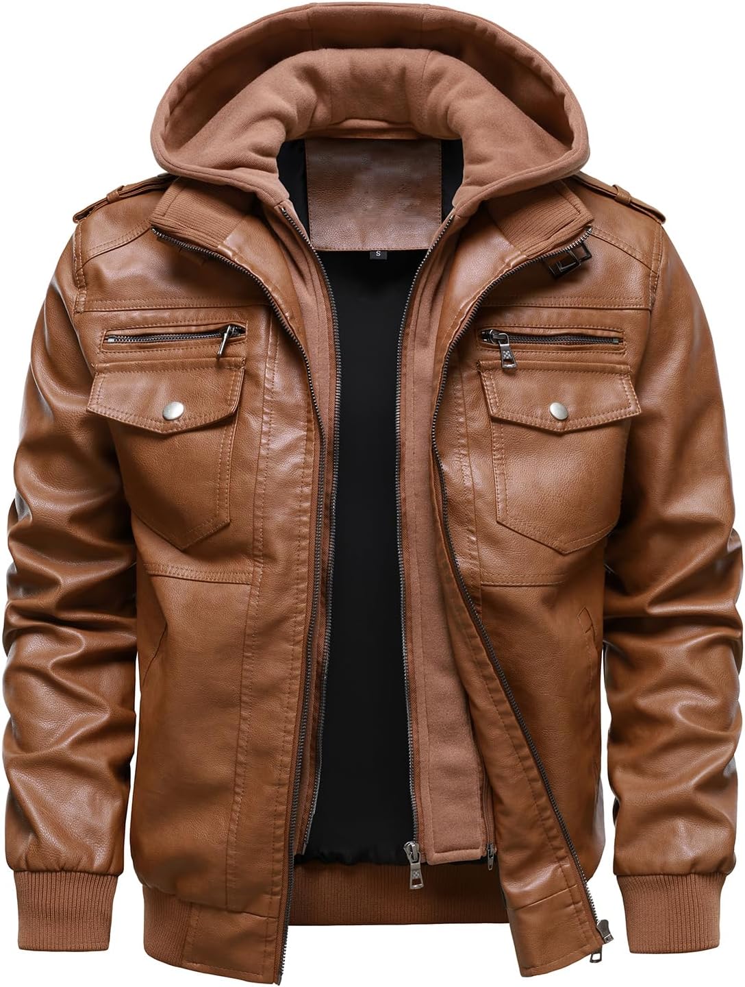 HOOD CREW Men's Faux Leather Hooded Jacket Motorcycle Jackets Water Repellent Windproof PU Moto Vintage Bomber Hoodie Coats