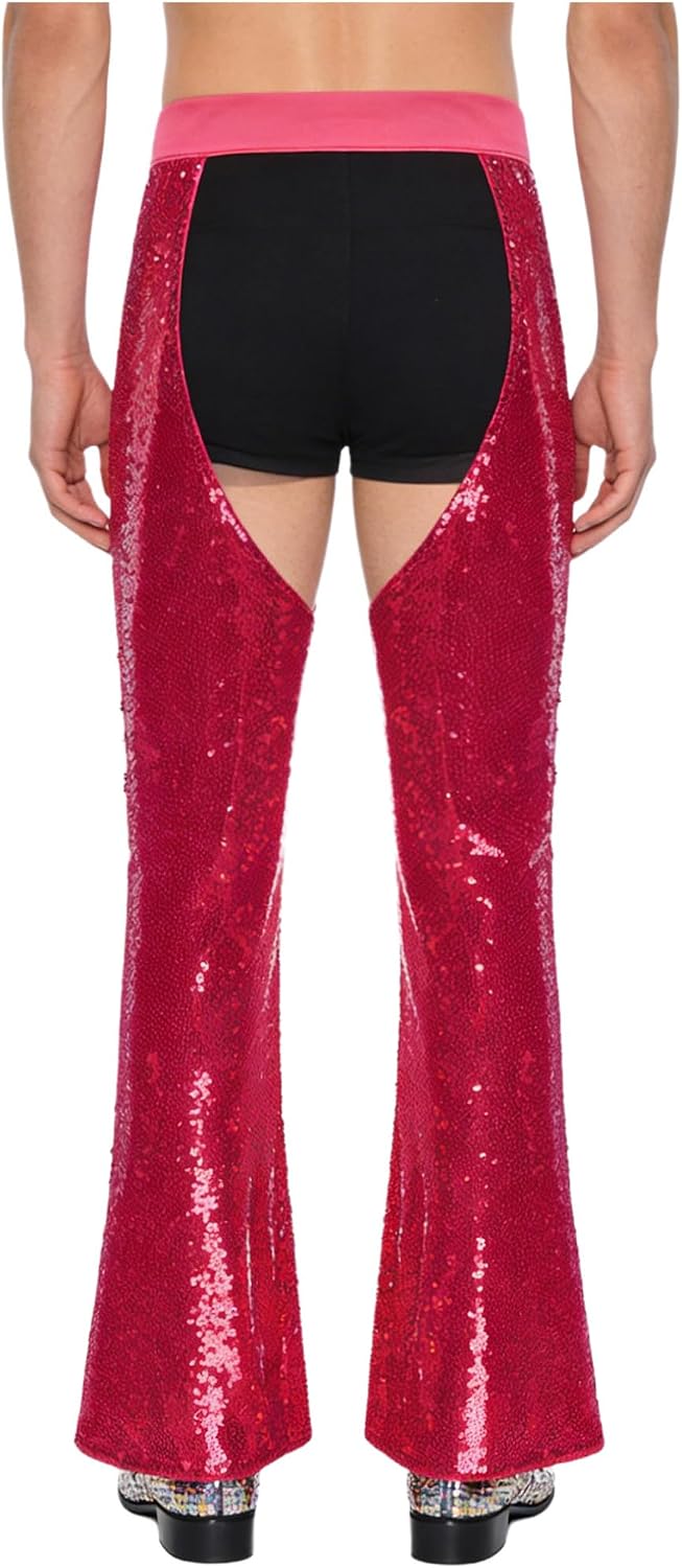 ACSUSS Mens Halloween Glittery Sequin Cowboy Chaps Pants Crotch Hollow Out Flared Pants for Party