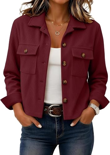 Womens Fashion Cropped Jacket Corduroy Button Down Long Sleeve Coats
