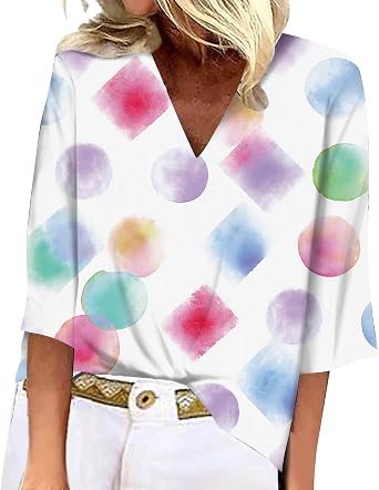 Womens Summer V-Neck 3/4 Sleeves Shirt Abstract Geometric Splice Print Simple Fashion Outdoor Commute Tunic