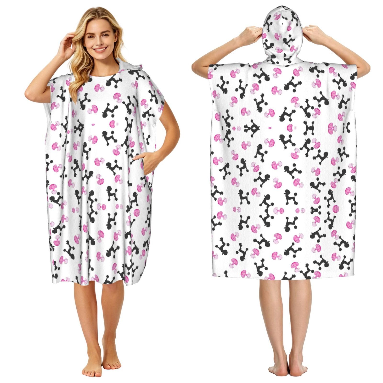 EZDLOWVBA Girly Pink Perfume Bottle And Poodle Print Hooded Poncho Microfiber Beach Towel,Adult Women & Men Changing Robe,Lightweight Summer Surf Swim Bath Poncho Towel