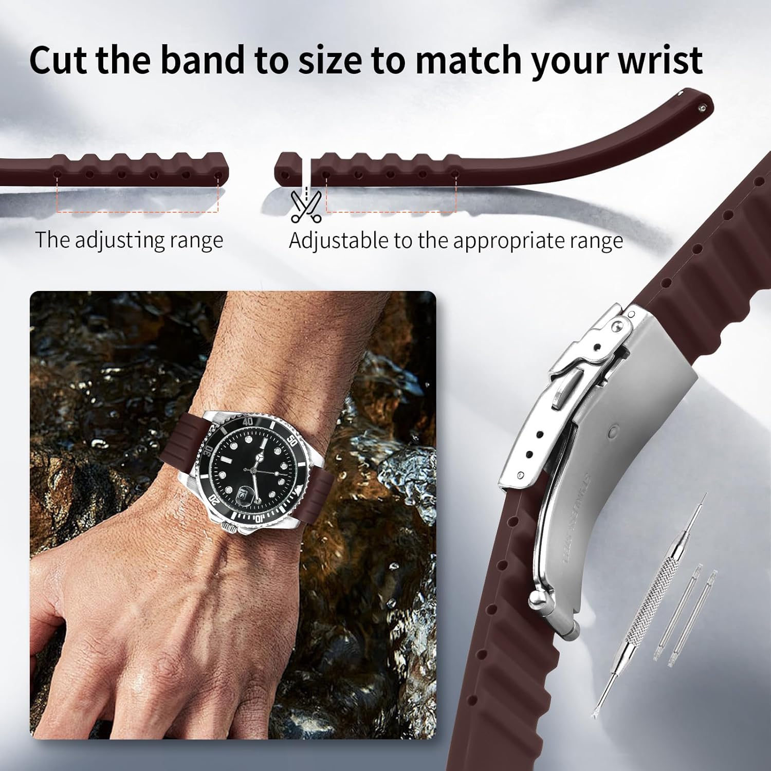 ULLCHRO Silicone Watch Strap Replacement Rubber Watch Band Waterproof Stripe Pattern - 14mm, 16mm, 18mm, 20mm, 22mm, 24mm Watch Bracelet with Stainless Steel Deployment Buckle - Image 5