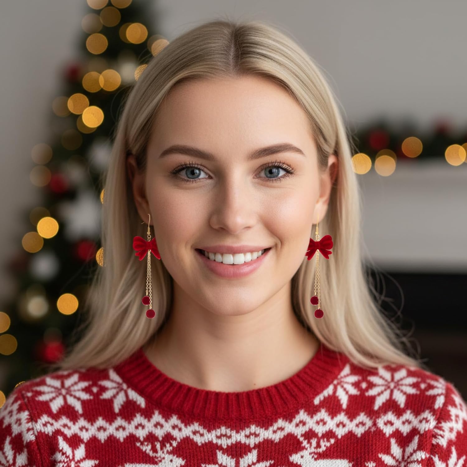 Red Bow Earrings, Christmas Jewelry for Women, Christmas Earrings Velvet Dangle Drop Large Chunky Flower Bow Stud Dangle - Image 6