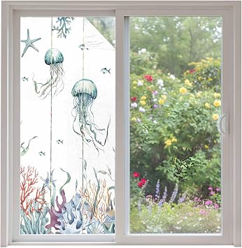 Jellyfish Blue Window Privacy Film Stained Glass Window Film Decorative Window Cover Static Window Cling for Door Summer Ocean Coral Starfish Fish Shells White Window Stickers for Bathroom 35.4"x78.7"
