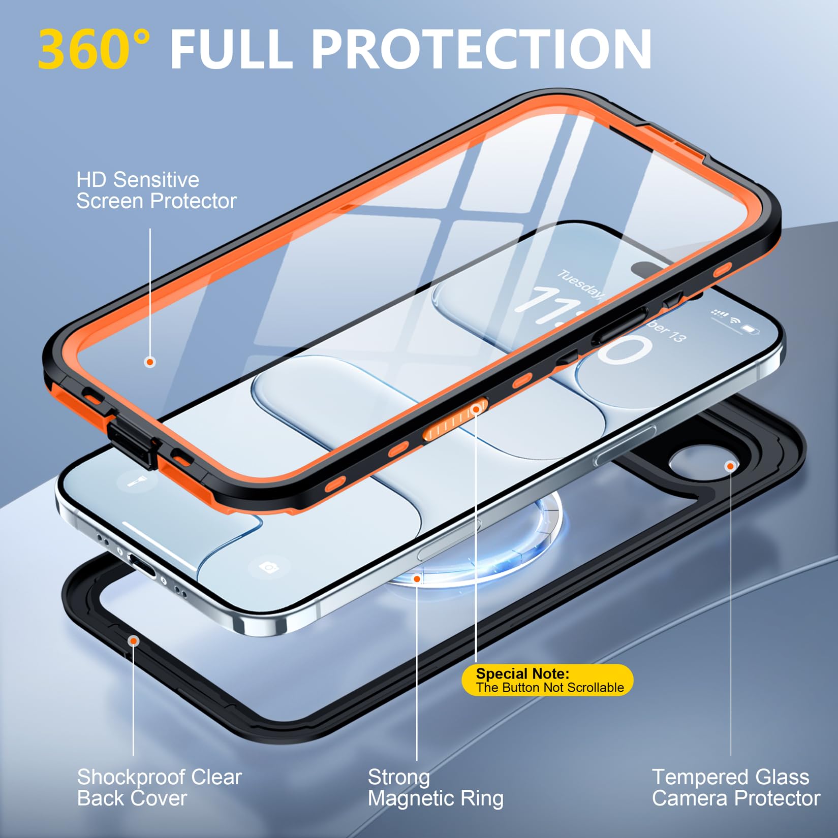 Red2Fire Funda Impermeable para iPhone Air, Protector de Pantalla Integrado y Protector de cámara, Compatible con MagSafe, Cuerpo Completo, a Prueba de Golpes, IP68 Impermeable, Resistente al Polvo