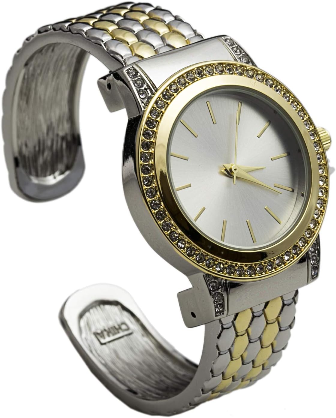 Collections Quartz Womens Rhinestone Bezel 34mm Case Metal Bangle Cuff Watch