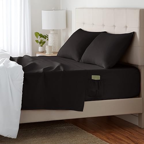 Amazon Basics Soft Microfiber 4-Piece Bed Sheet Set with Elastic Side Pockets, Queen, Coal Black