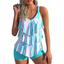 MODLILY Womens Layered Ruffle Two Piece Tankini Swimsuits Flowy Swimdress