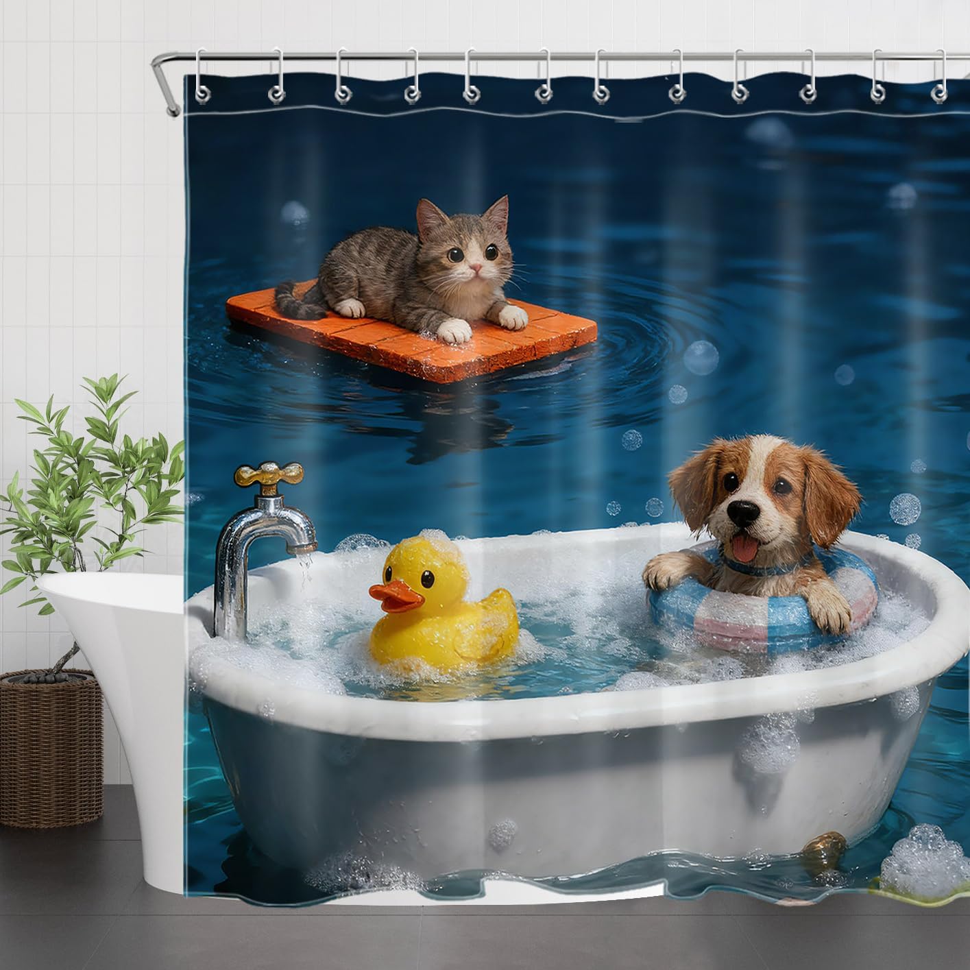 Funny Cat Shower Curtain, Cute Dog on Toilet, 72x72 Inch