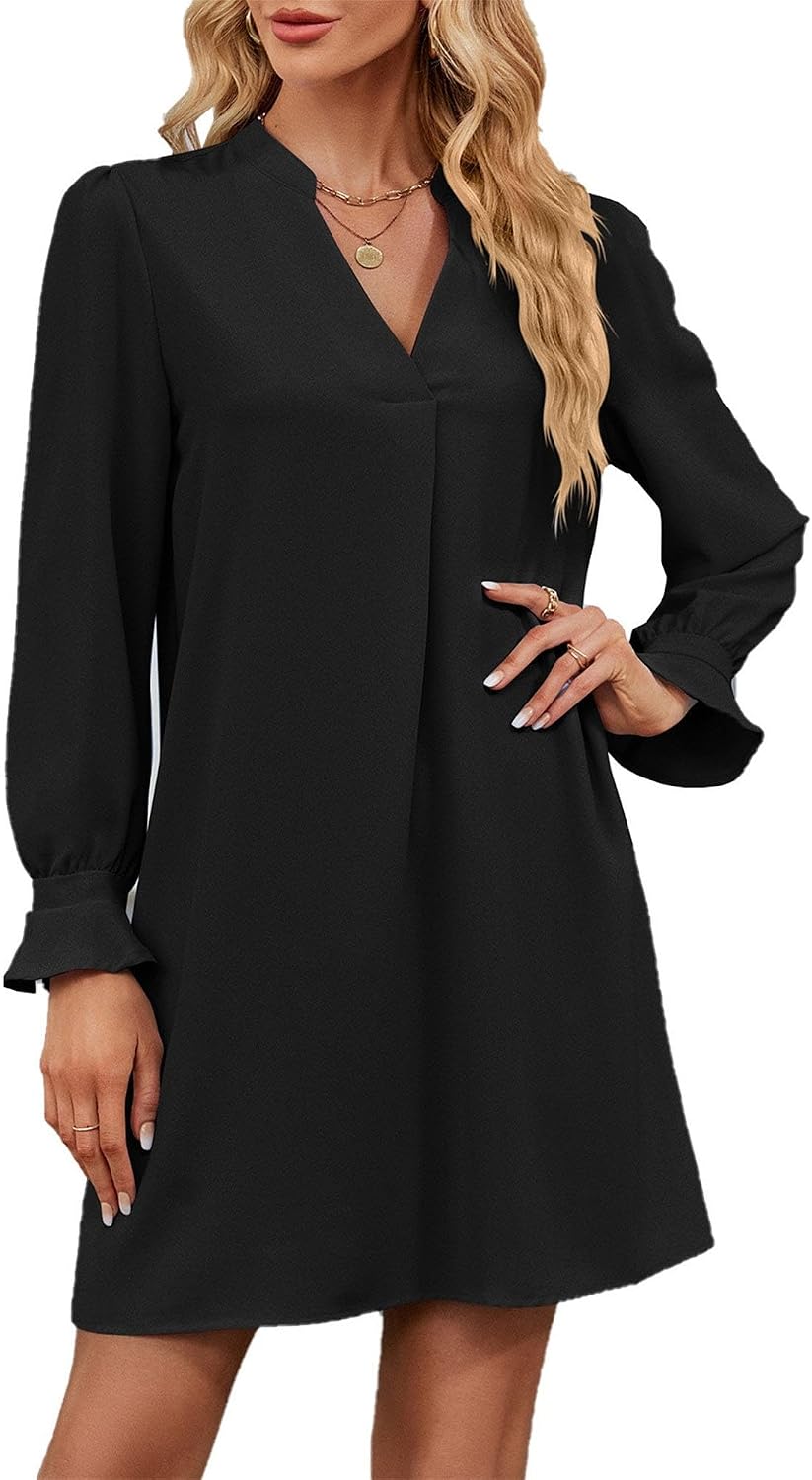 Womens Fall Ice Silk Long Sleeve Tunic Dress Casual V Neck Loose Ruffle Tiered Dress Solid Flowy Shift Dresses
