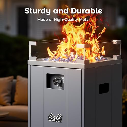 Miniatura 5 de BALI OUTDOORS Chimenea de gas de 15 pulgadas, cuenco exterior de propano con protector de viento de vidrio, chimenea cuadrada para patio con piedra