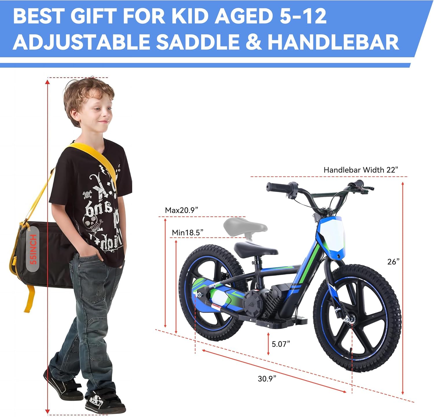 Lightweight Electric Dirt Bike for Kids, 340W Racing Electric Motorcycle, 24V Detachable Battery, Brushless Motor, Safe 3 Speed Modes, Mini Motocross Bike 16" Off Road Tires, Fit Age 5-12 Blue