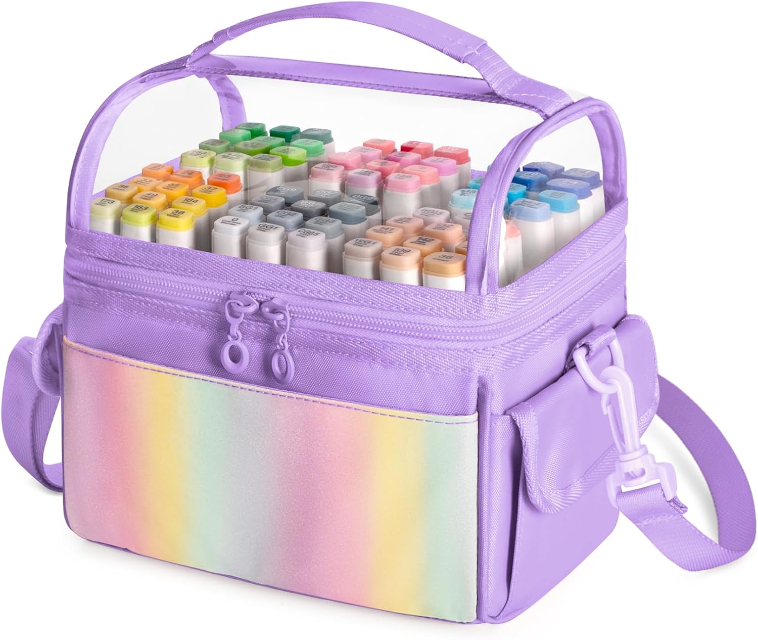 GRAOSO Marker Organizer Case for up to 72 Markers, Marker Storage Bag with Detachable Divider and 3 Extra Pockets, PVC Top Easy Find Your Need, Handle and Shoulder Strap, Purple (Case Only)