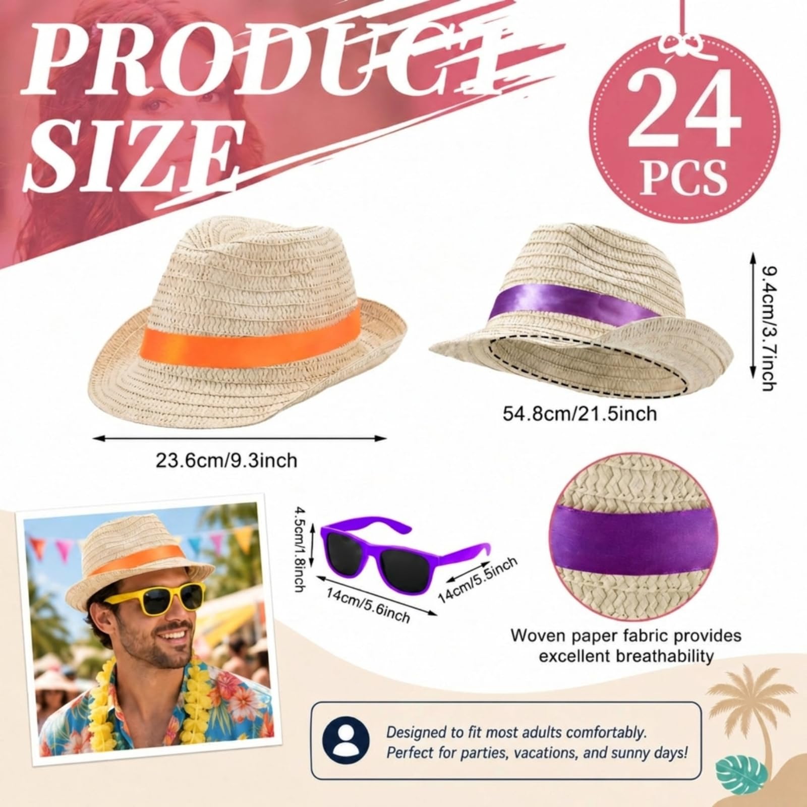 Newcotte Strohhüte mit Sonnenbrille, Fedora-Partyhüte für hawaiianische Luau-Zubehör, kubanische Sommergeschenke, Rot, Orange, Gelb, Grün, Blau, Violett, One Size