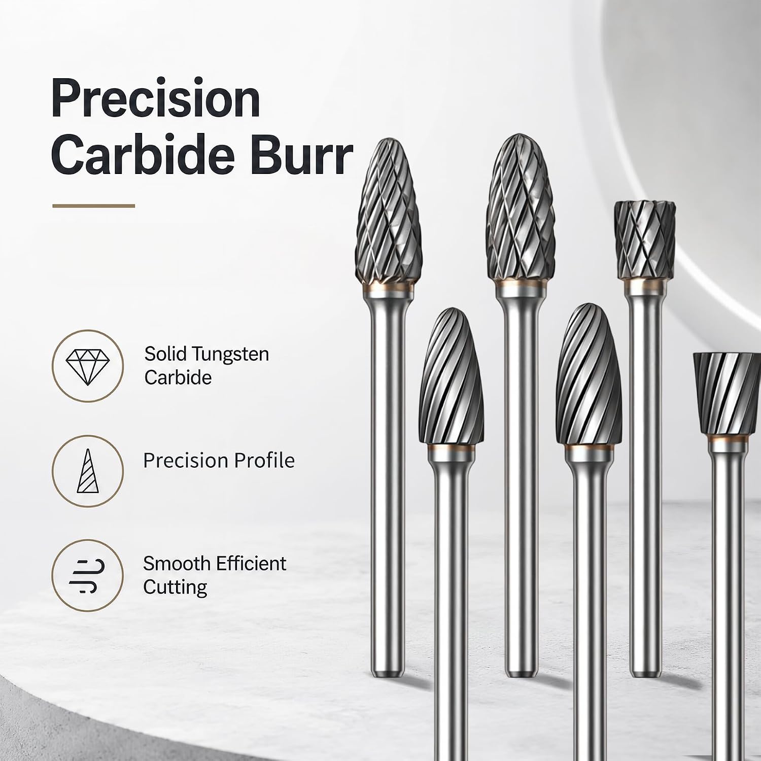 3 Pcs Carbide Burr Bits, 1/8" Shank, Double Cut, C Type