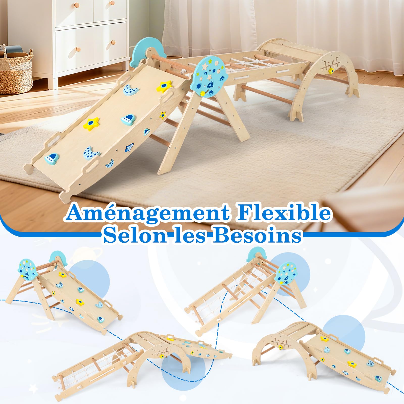DREAMADE 9 en 1Triangle d'escalade Montessori en Bois Astronaute, Filet, Arche d’Escalade Pliable Éducative pour Enfants, Aire de Jeux Bébé pour Salon, Chambre, Maternelle (Naturel)