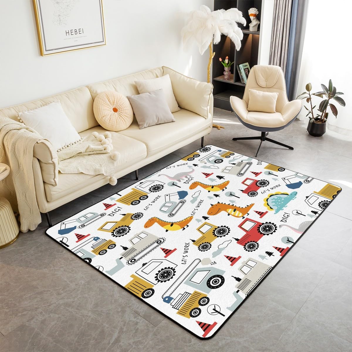 jejeloiu Construction Area Rug 4x5 Kids Cartoon Dinosaur Indoor Floor Mat Equipment Trucks Rugs for Living Room Bedroom Construction Vehicles Kawaii Jungle Dino Accent Rug