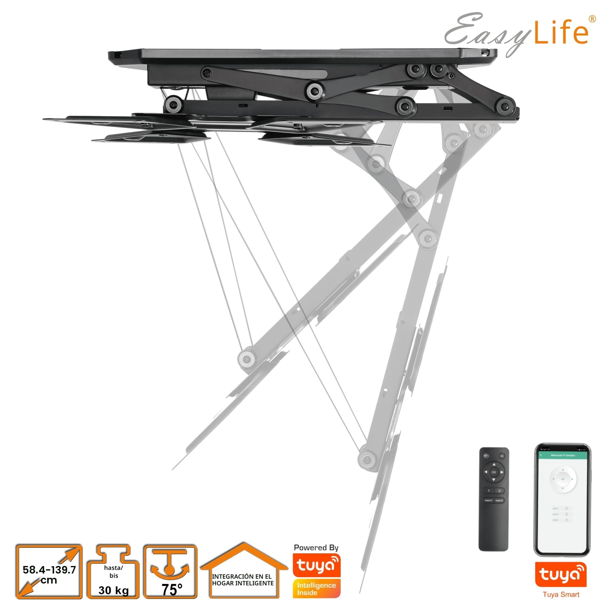 EasyLife Soporte de Techo para TV V2 con Eléctrico Y Giratorio, Integración Smart Home, de 37 A 75 Pulgadas, Soporte VESA hasta 600×400 para Televisores LCD/OLED, Monitores, Pantallas - Negro