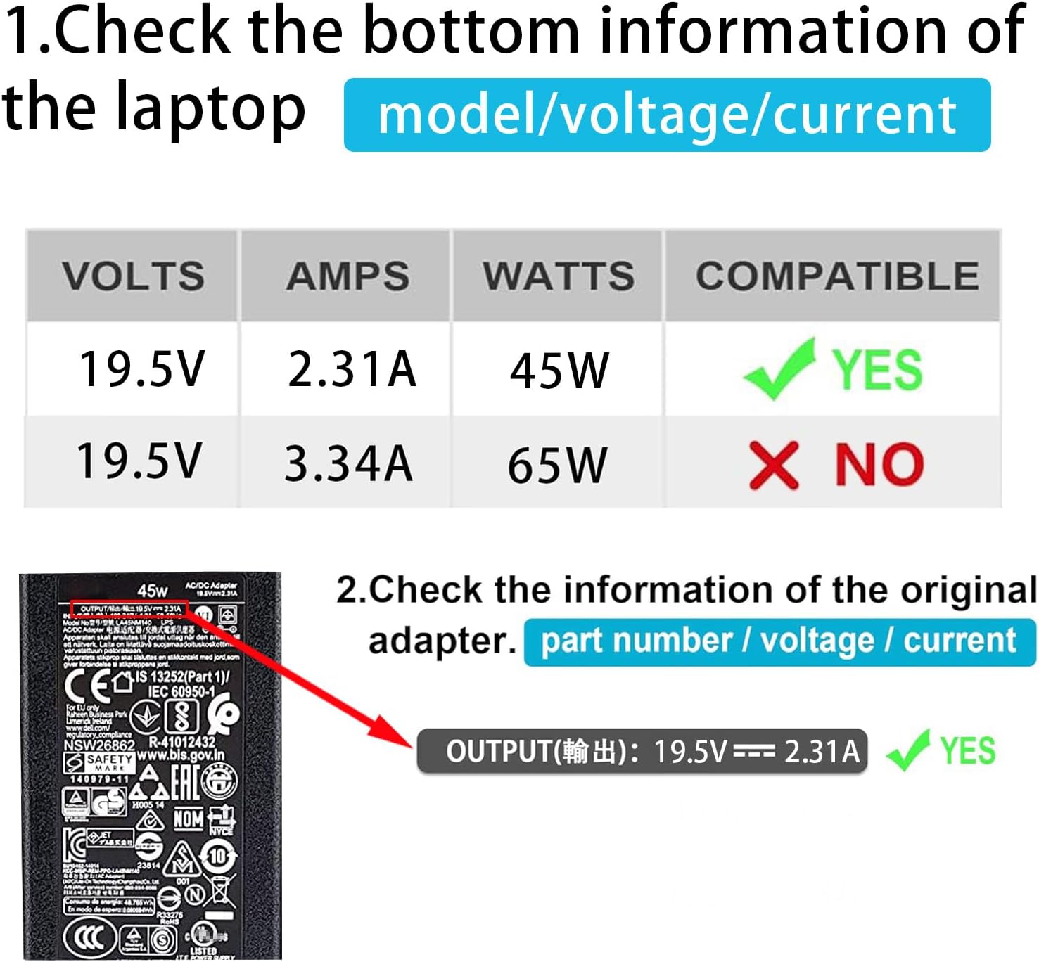 45W Round Tip Laptop Charger Fit for Dell Inspiron 13 14 15 3000 5000 7000 Series 15-3552 3555 3558 3565 3567 5551 5552 5555 5558 5559 DA45NM140 LA45NM140 19.5V 2.31A AC Adapter Power Cord 45W 4.5mm charger