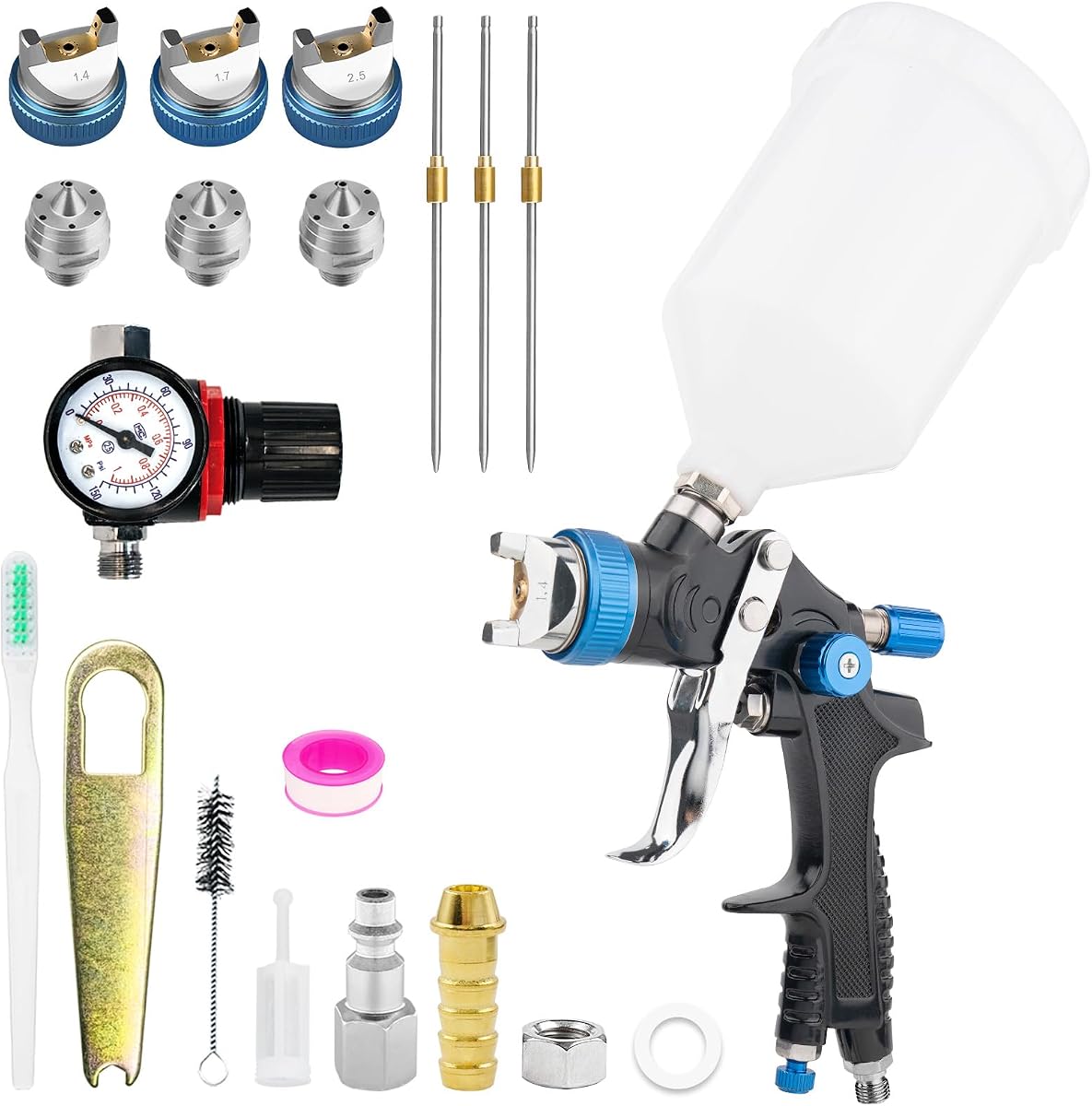 HVLP Paint Spray Gun, Air Gravity Feed System with 3 Nozzles 1.4/1.7/2.5mm & Regulator for Efficient, Automotive Paint Gun for Car, House Painting, Furniture, Wall, Shed, Fence Painting