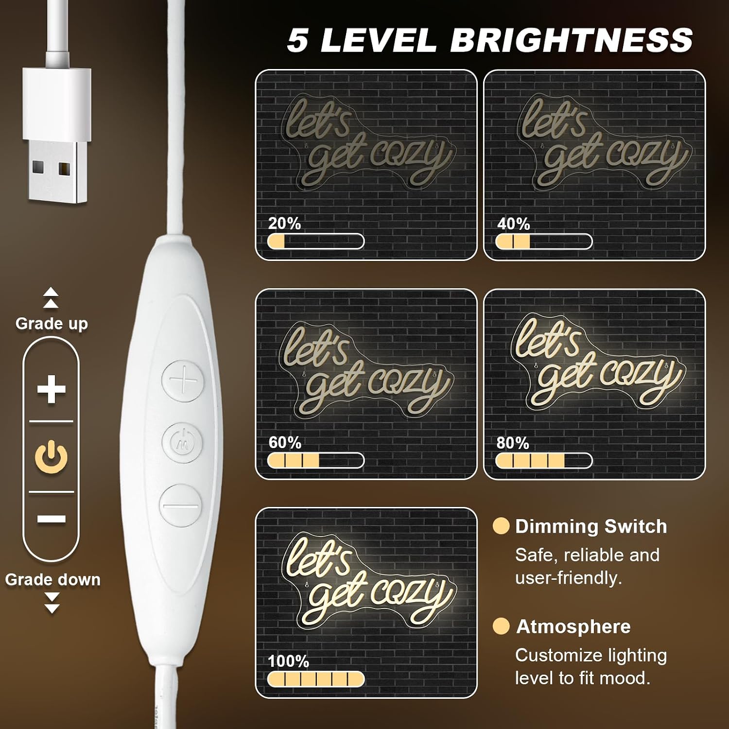 LookLight Let’s Get Cozy Neon Sign,Warm White Led Neon Light,USB Connectivity Neon Sign for Wall Decor,Light Up Sign for Living Room Bedroom Bar Birthday Party